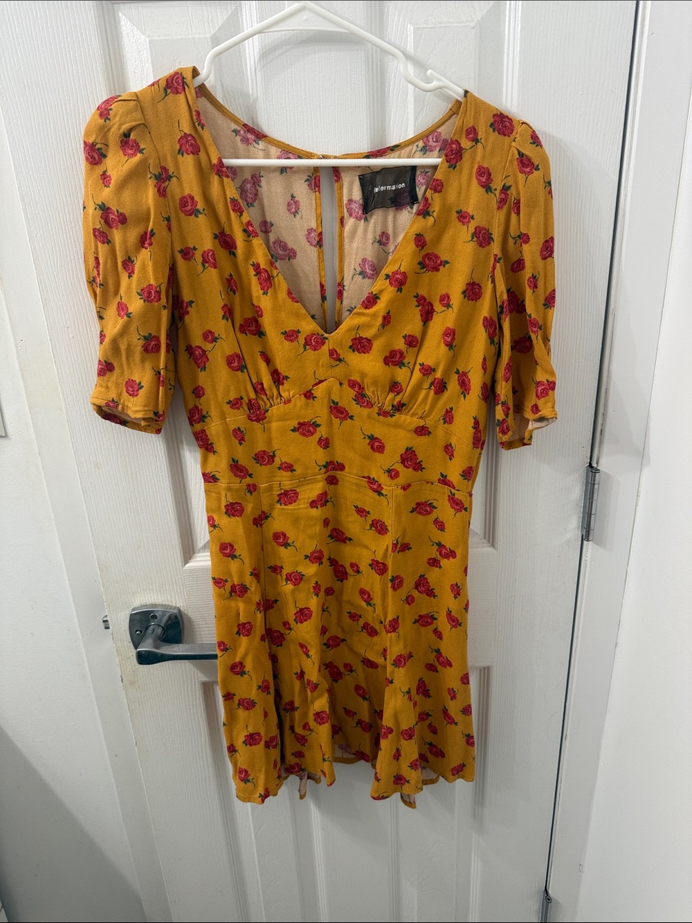 Reformation Mustard Yellow Mini Dress with Red Rose Print
